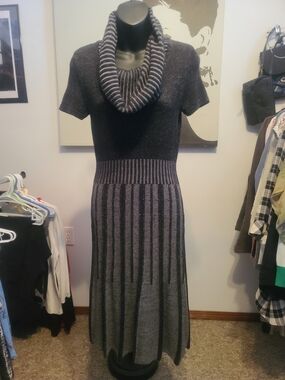 Alfani Gray and Black Striped Knit Midi Dress with Cowl Neck